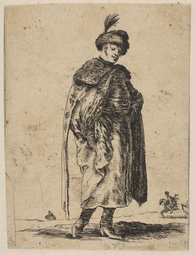 Polnischer Mann mit Schnurrbart, der einen Pelzmantel und einen Hut mit Feder trägt, ca. 1648 von Stefano della Bella