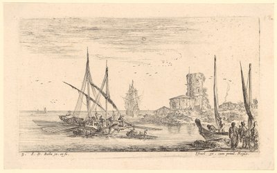 Seestück mit mehreren Schiffen und altem Turm am Strand von Stefano della Bella