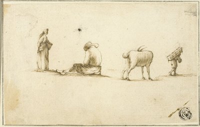Skizzen von stehender Frau, sitzendem Mann, Ziege und Mann mit Kiste auf dem Rücken von Stefano della Bella