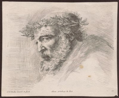 Studie eines bärtigen alten Mannes im Lorbeerkranz, im Profil nach links, aus dem Zyklus "Principii del disegno" von Stefano della Bella