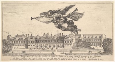 Ansicht des Palais Cardinal, die Figur des Ruhms oben in der Mitte fliegt nach links..., 1649-51 von Stefano della Bella