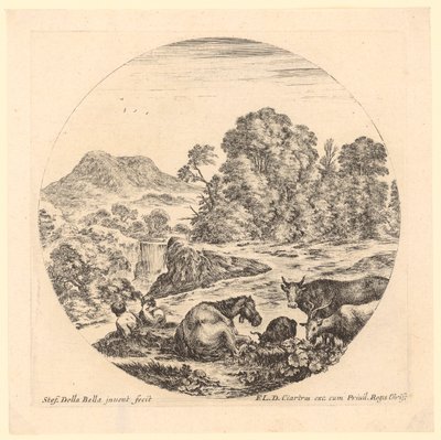 Zwei Hirten bei ihrer Herde in einer felsigen Landschaft mit Wasserfall von Stefano della Bella
