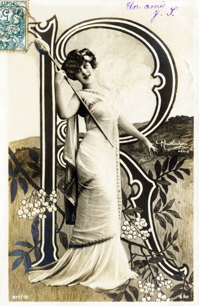 R: Gabrielle Robinne, französische Schauspielerin, Comédie-Française, Paris - Alphabet in Postkarte von Studio Reutlinger