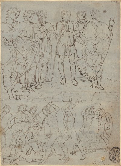 Sechs Männer im Gespräch und zehn kämpfende Nackte von Studio of Francesco Squarcione