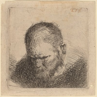 Bärtiger Mann, der nach unten schaut von Studio of Rembrandt van Rijn