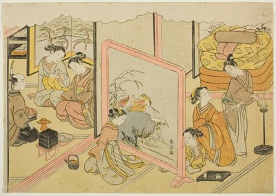 Eine Tasse Sake vor dem Schlafengehen (Toko sakazuki), das sechste Blatt der Serie "Ehe in Brokatdrucken, der Wagen der tugendhaften Frau (Konrei nishiki misao-guruma)" von Suzuki Harunobu