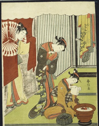 Figuren in einem Innenraum, eine Kurtisane schaut auf ihre Shinzo, die einen Liebesbrief liest von Suzuki Harunobu