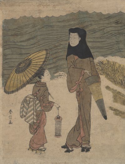 Dame mit schwarzer Kapuze und Regenschirm spaziert mit jungem Begleiter von Suzuki Harunobu