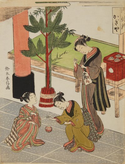 Die schöne Osen aus dem Teehaus Kagi-ya bei den Neujahrsvorbereitungen von Suzuki Harunobu