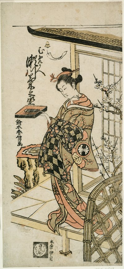 Der Schauspieler Segawa Kikunojo II als Kurtisane Umegae im Stück "Hiragana Seisuiki," aufgeführt im Ichimura-Theater im ersten Monat, 1764 von Suzuki Harunobu