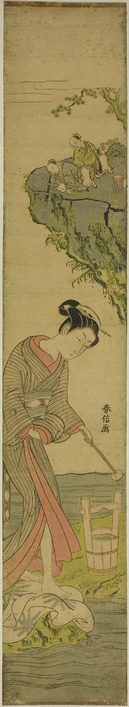 Zwei Weise, die eine Schönheit beim Tuchstampfen betrachten (Parodie auf Kume Sennin) von Suzuki Harunobu