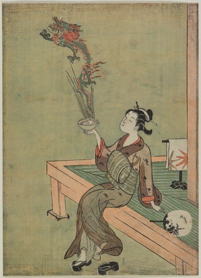 Frau verglichen mit chinesischem Einsiedler, der einen Drachen handhabt von Suzuki Harunobu