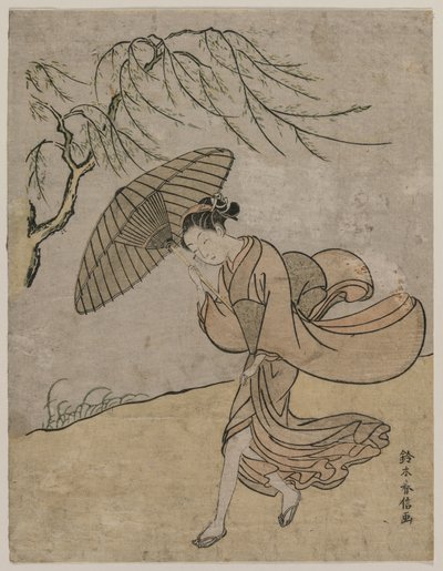 Frau läuft an einer Weide im Wind vorbei, 1766 oder 1767 von Suzuki Harunobu
