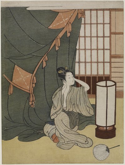 Junge Frau außerhalb eines Moskitonetzes, nach 1766 von Suzuki Harunobu