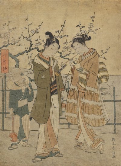 Junges Paar zündet neben dem schlafenden Drachenpflaumenbaum Pfeifen an von Suzuki Harunobu