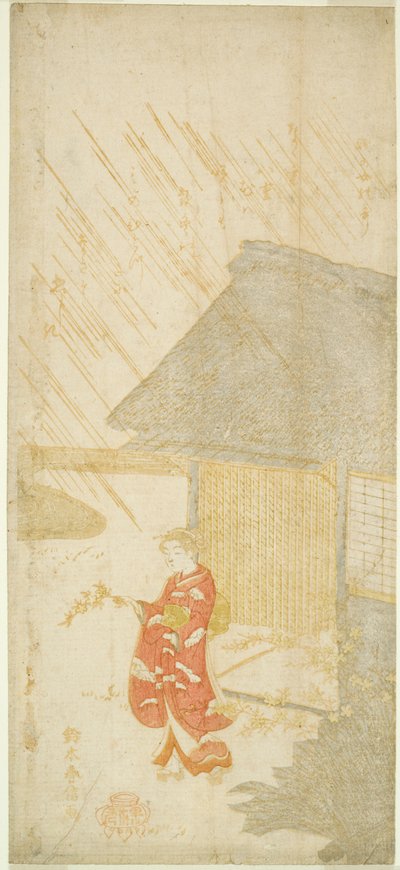 Junge Frau mit Kerria-Zweig (Parodie auf Ota Dokan) von Suzuki Harunobu
