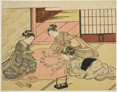Junge Frauen spielen Gedichtkarten von Suzuki Harunobu