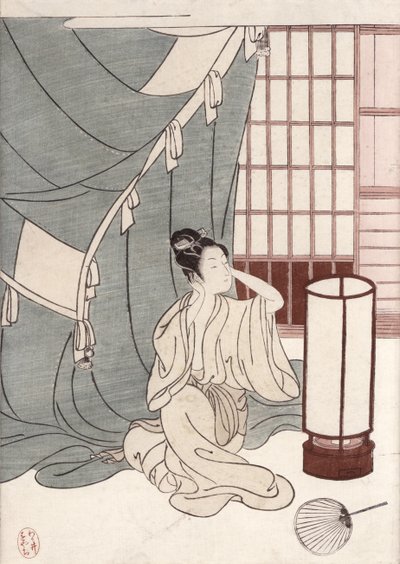 Junge Frau kniet bei ihrem Moskitonetz, 1766 von Suzuki Harunobu