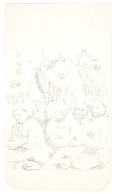 Gruppe mit sitzenden Figuren mit verschränkten Armen im Vordergrund. Studienblatt nach Reliefs in Borobudur, Java. von Svend Rathsack
