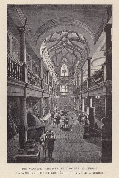 Die Wasserkirche, Stadtbibliothek in Zürich (Stich) von Swiss School