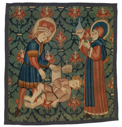 Wandteppichfragment, das St. Cosmas und St. Damian darstellt von Swiss School