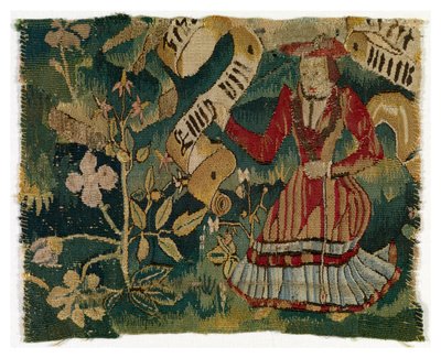 Wandteppichfragment, Darstellung von Baum und Frau mit Schriftrolle von Swiss School