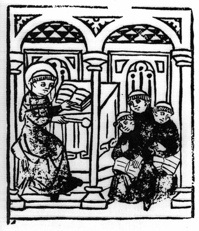 Die Legende des Heiligen Brendan (Brandan), Held und irischer Heiliger des 6. Jahrhunderts. Der Heilige erzählt seinen Mitbrüdern im Kloster die Wunder des Meeres. Gravur aus „Die Wunderbare Meerfahrt des Hl. Brandan“ Basel von Swiss School