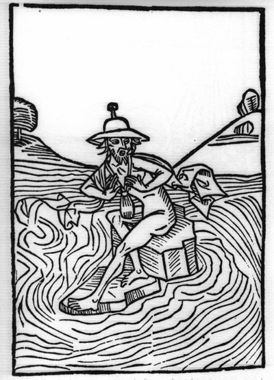 Die Legende von Sankt Brendan (Brandan), Held und irischer Heiliger des 6. Jahrhunderts: Die Begegnung mit Judas, der viele Qualen erleidet. Gravur aus „Die Wunderbare Meerfahrt des Hl. Brandan“. Basel von Swiss School