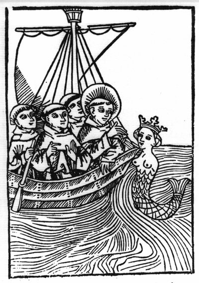 Die Legende von Saint Brendan (Brandan), Held und irischer Heiliger des 6. Jahrhunderts. Das Treffen von Saint Brendan mit der Sirene. Gravur aus "Die Wunderbare Meerfahrt des Hl. Brandan" von Swiss School