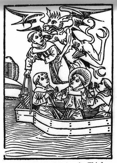 Die Legende von Saint Brendan (Brandan), Held und irischer Heiliger des 6. Jahrhunderts. Der Teufel nimmt den Dieb-Mönch mit. Gravur aus „Die Wunderbare Meerfahrt des Hl. Brandan“. Bale von Swiss School