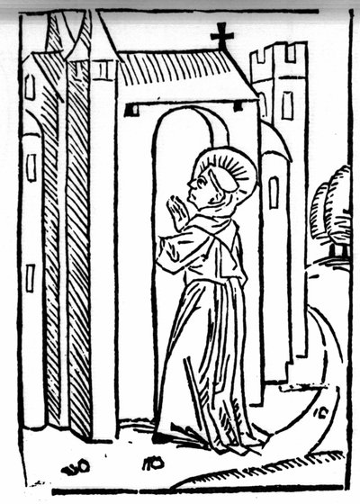 Die Legende von Sankt Brendan (Brandan), Held und irischer Heiliger des 6. Jahrhunderts. Die Rückkehr des Heiligen in sein Kloster. Gravur aus „Die Wunderbare Meerfahrt des Hl. Brandan“. Basel von Swiss School