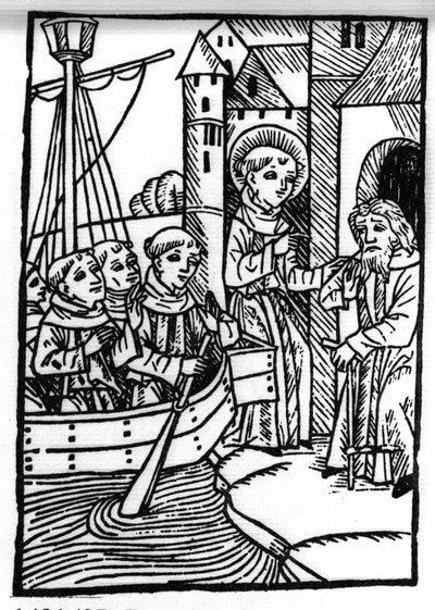 Die Legende von Sankt Brendan, Held und irischer Heiliger des 6. Jahrhunderts. Der Heilige trifft den ehemaligen Haylbray und versteht, dass er nach Schottland zurückgekehrt ist. Gravur aus 