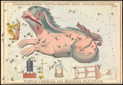 Psalterium Georgii, Fluvius Eridanus, Cetus, Officina Sculptories, Fornax Chemica und Machina Electrica, ca. 1825 von Sydney Hall