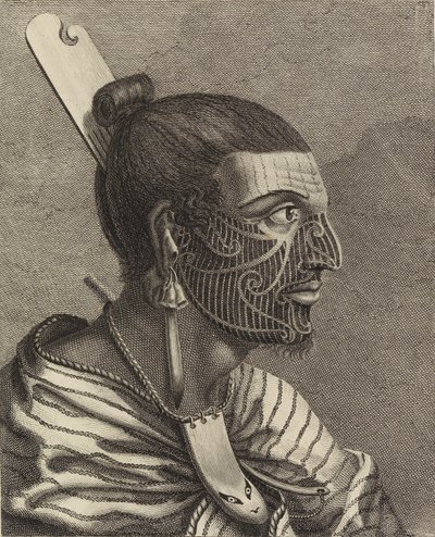 Kopf eines Neuseeländers mit einem Kamm im Haar von Sydney Parkinson