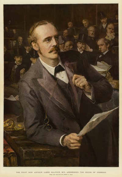 Der ehrenwerte Arthur James Balfour, MP, spricht im Unterhaus von Sydney Prior (after) Hall