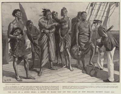 Verkauf eines lebenden Kopfes, eine Szene an Bord eines Schiffes vor der Küste Neuseelands vor siebzig Jahren von Sydney Prior Hall