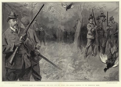 Eine Jagdgesellschaft in Sandringham, der König und seine Gäste, der deutsche Kaiser, in der Horseshoe Drive von Sydney Prior Hall