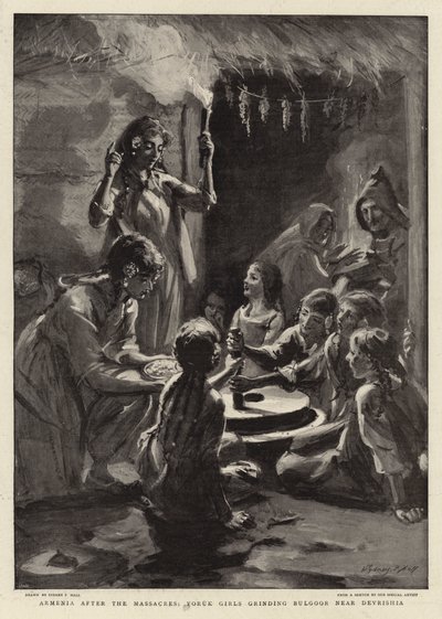 Armenien nach den Massakern, Yoruk-Mädchen mahlen Bulgur in der Nähe von Devrishia von Sydney Prior Hall