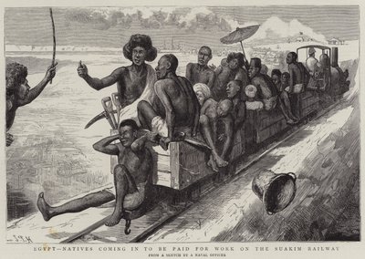 Ägypten, Einheimische kommen, um für die Arbeit an der Suakim-Eisenbahn bezahlt zu werden von Sydney Prior Hall