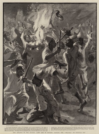 Der Vormarsch im Sudan, Lagerleben in Merawi, Tanzen des Dilluka am Dongola-Tag von Sydney Prior Hall