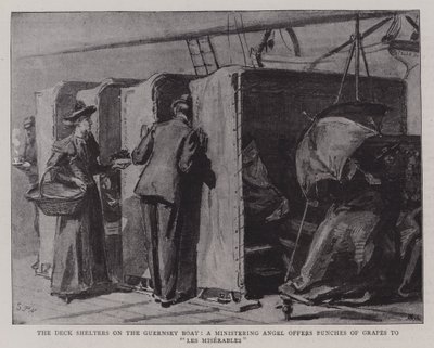 Die Deckschutzräume auf dem Guernsey-Boot, ein dienstbarer Engel bietet Traubenbündel den Elenden an von Sydney Prior Hall