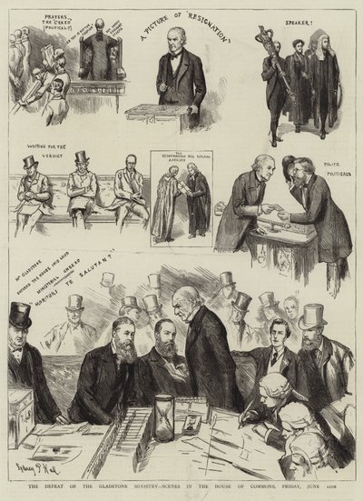 Die Niederlage des Gladstone-Ministeriums, Szenen im Unterhaus, Freitag, 12. Juni von Sydney Prior Hall