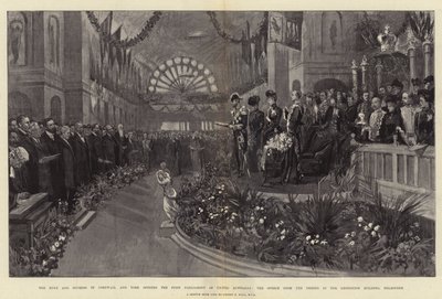 Der Herzog und die Herzogin von Cornwall und York eröffnen das erste Parlament des vereinten Australien, die Thronrede im Ausstellungsgebäude, Melbourne von Sydney Prior Hall