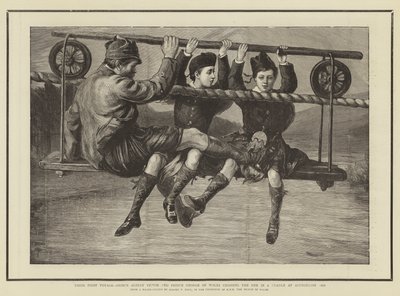 Die erste Reise, Prinz Albert Victor und Prinz George von Wales überqueren den Dee in einer Wiege bei Abergeldie, 1876 von Sydney Prior Hall