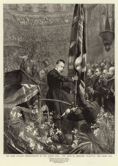 Die Demonstration der irischen Loyalisten in der Albert Hall, der Herzog von Abercorn pflanzt den Union Jack von Sydney Prior Hall