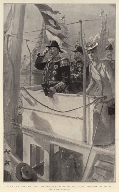 Der König inspiziert seine Flotte, Seine Majestät an Bord der königlichen Yacht Victoria und Albert von Sydney Prior Hall
