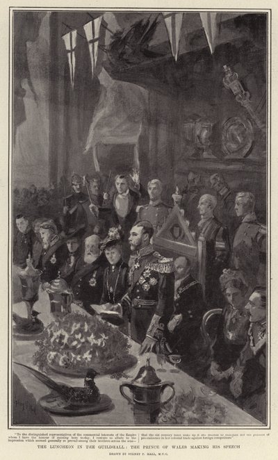 Das Mittagessen in der Guildhall, der Prinz von Wales hält seine Rede von Sydney Prior Hall