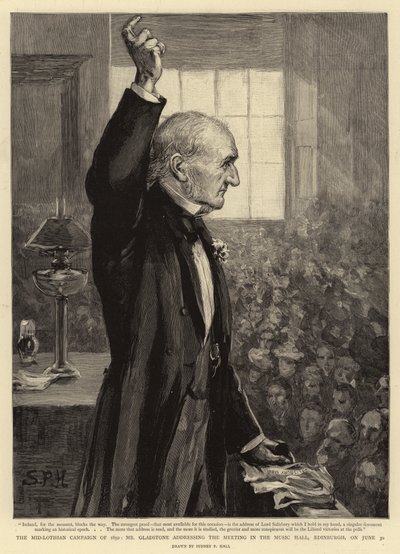 Die Mid-Lothian-Kampagne von 1892, Mr. Gladstone spricht auf dem Treffen in der Music Hall, Edinburgh, am 30. Juni von Sydney Prior Hall