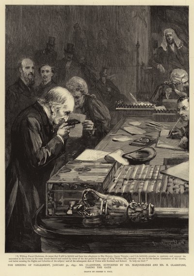 Die Eröffnung des Parlaments, 31. Januar 1893, Mr. Gladstone, unterstützt von Mr. Marjoribanks und Mr. H. Gladstone, legt den Eid ab von Sydney Prior Hall
