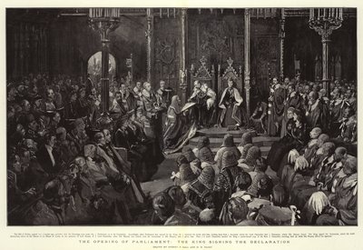 Die Eröffnung des Parlaments, der König unterzeichnet die Erklärung von Sydney Prior Hall